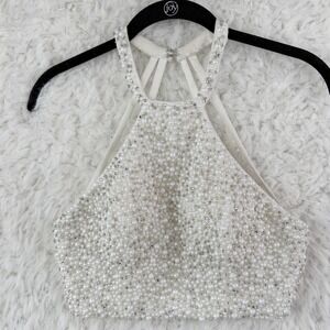Shail K‎ Ivory Pearl Beaded Halter Crop Top Size 2 Formal Pearlcore Glam Prom